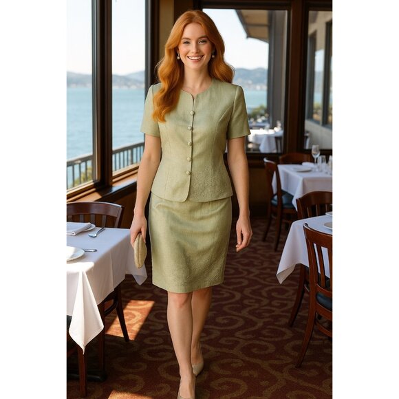 Papell Petites Vintage 90s 8P Sage Green Silk Beaded Skirt Suit Mother Bride - Picture 1 of 15